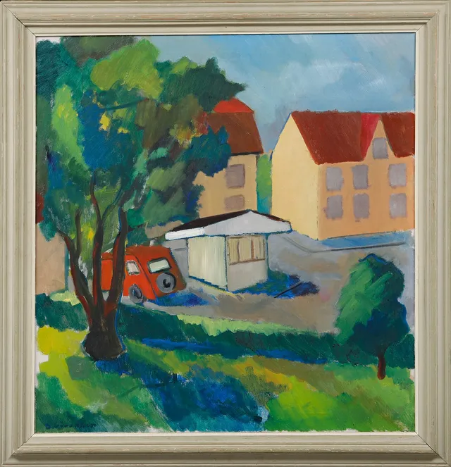 BROR GÖRANSSON. Hus och röd bil, olja på duk, signerad.