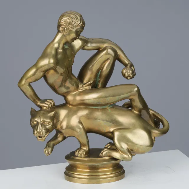 KAI NIELSEN. Sjælden figurgruppe af poleret bronze forestillende Prins Paris siddende på ryggen af en panter, L. Rasmussen København, No. 8, Paris´ Dom, Danmark, 1920/30'erne.