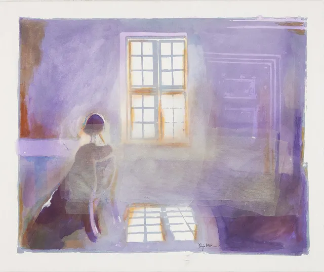 ÖRJAN WIKSTRÖM (F. 1948). Lila interiör med sittande kvinna, olja på duk med applikationer i tyg, signerad.