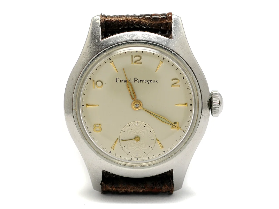 GIRARD-PERREGAUX, herrur, 33 mm, Cal 27 BE 327, Boett nr. 4816, stål, manuell, plexiglas, liten sekundvisare, skadad urtavla, läderband, ca 1945. — Klockor/Girard-Perregaux — Kaplans