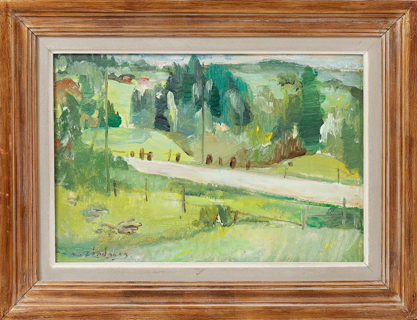 JOSEF LINDSKOG. "På väg mellan Göteborg och Uddevalla", olja på pannå, signerad. — Paintings — Göteborgs Auktionsverk
