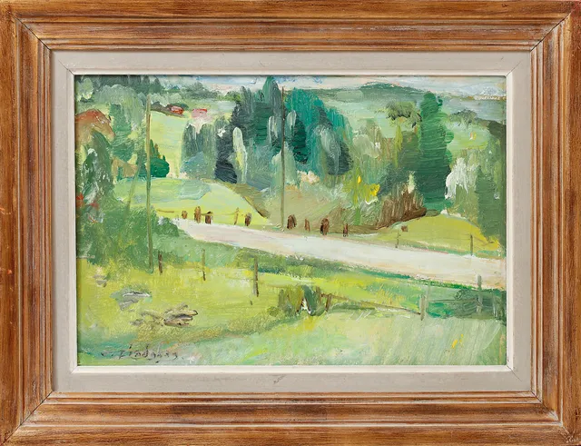 JOSEF LINDSKOG. "På väg mellan Göteborg och Uddevalla", olja på pannå, signerad.