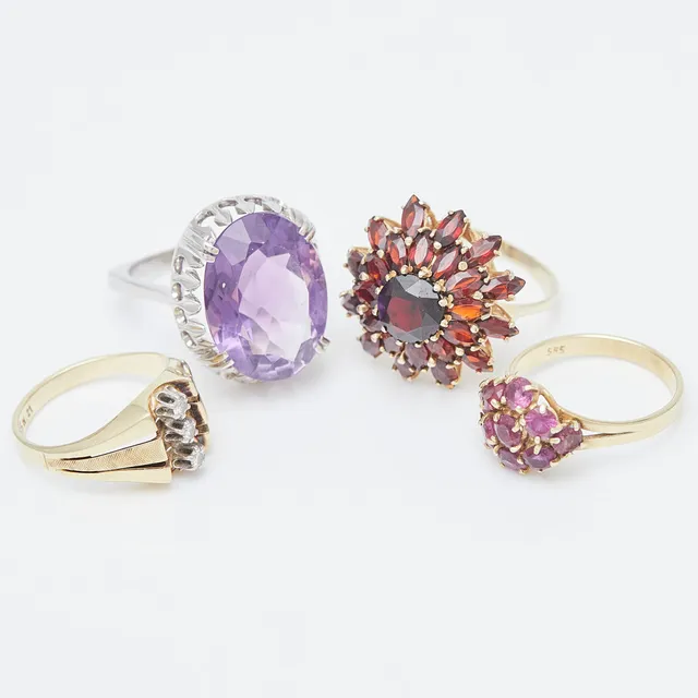 Set Ringe, 585er Gelb- und Weißgold, Diamanten, Rubine, Amethyst, Granat (4).