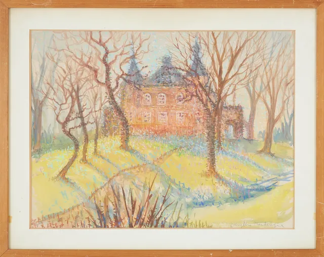 PHYLLIS MACKENZIE. Hus bakom träd, pastell på papper, signerad.