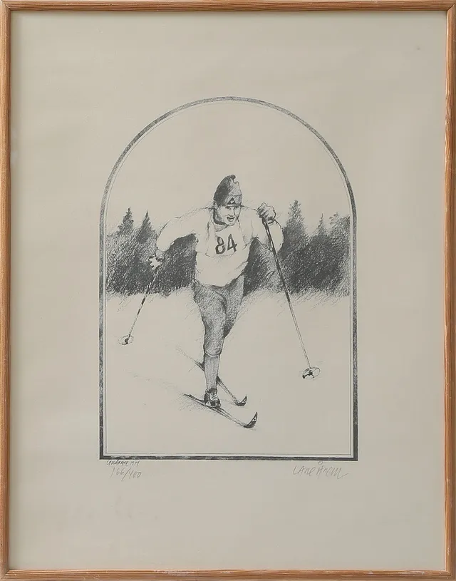 LASSE ÅBERG. LITO, Skidåkare, signerad, 1900-tal.