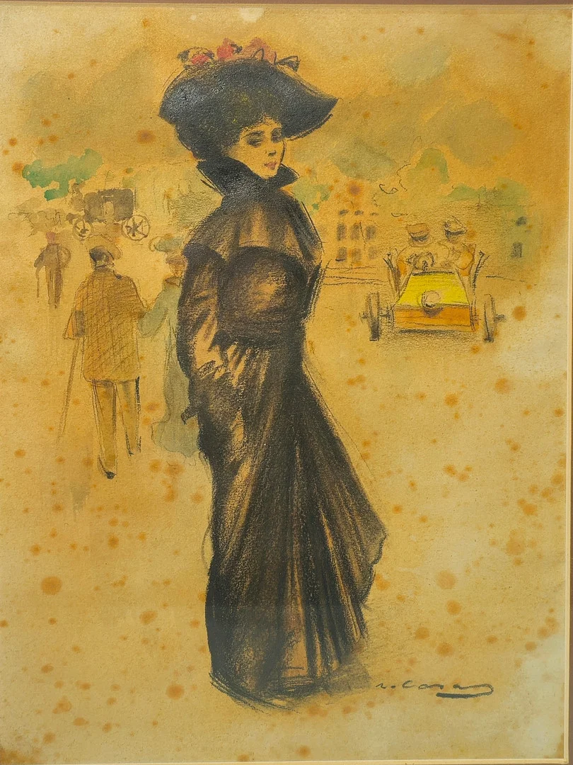ESCUELA CATALANA SIGLO XIX. FIRMADO R. CASAS. Dama con coche. Técnica mixta sobre papel. — Drawings — Arce Auctions
