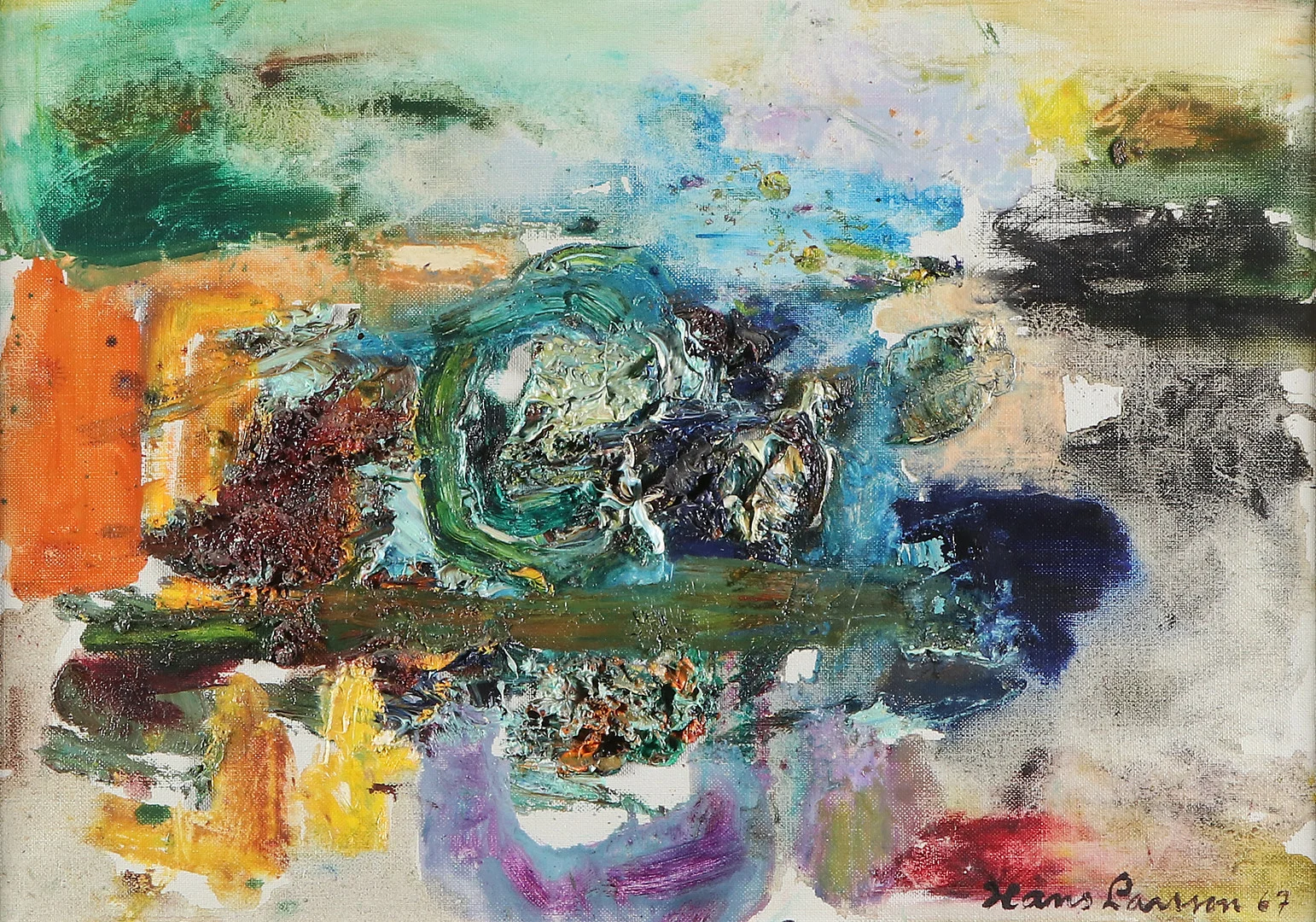HANS LARSSON. Oljemålning på duk. "Landskap I". Signerad och daterad 67. — Paintings — Skånes Auktionsverk