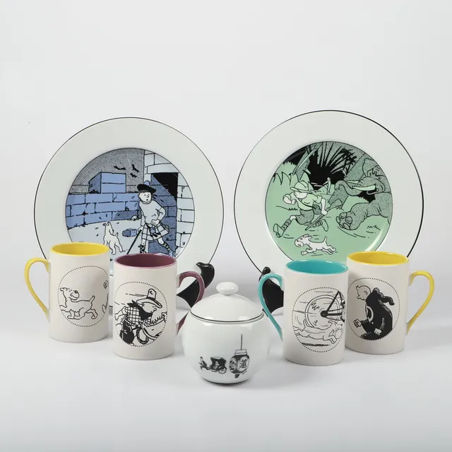 HERGÉ/TINTIN. SERVISDELAR, 7 stycken, "Tintin", Hergé, porslin, Axis/Moulinsart, Frankrike.