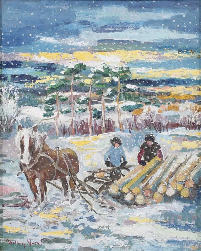 WALBORG NORRMAN. Timmerfora i snö, olja på duk, signerad.