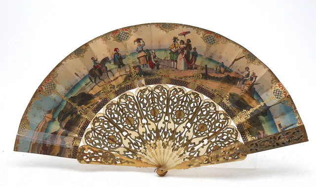 Louis Philippe fan with lithographed and illuminated leaves.
