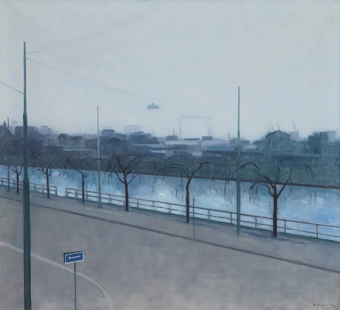 BENGT HILLGRUND. Norra Vallgatan i Malmö med kockumskranen i bakgrunden, olja på duk, signerad och daterad 1974. — Paintings — Garpenhus Auktioner