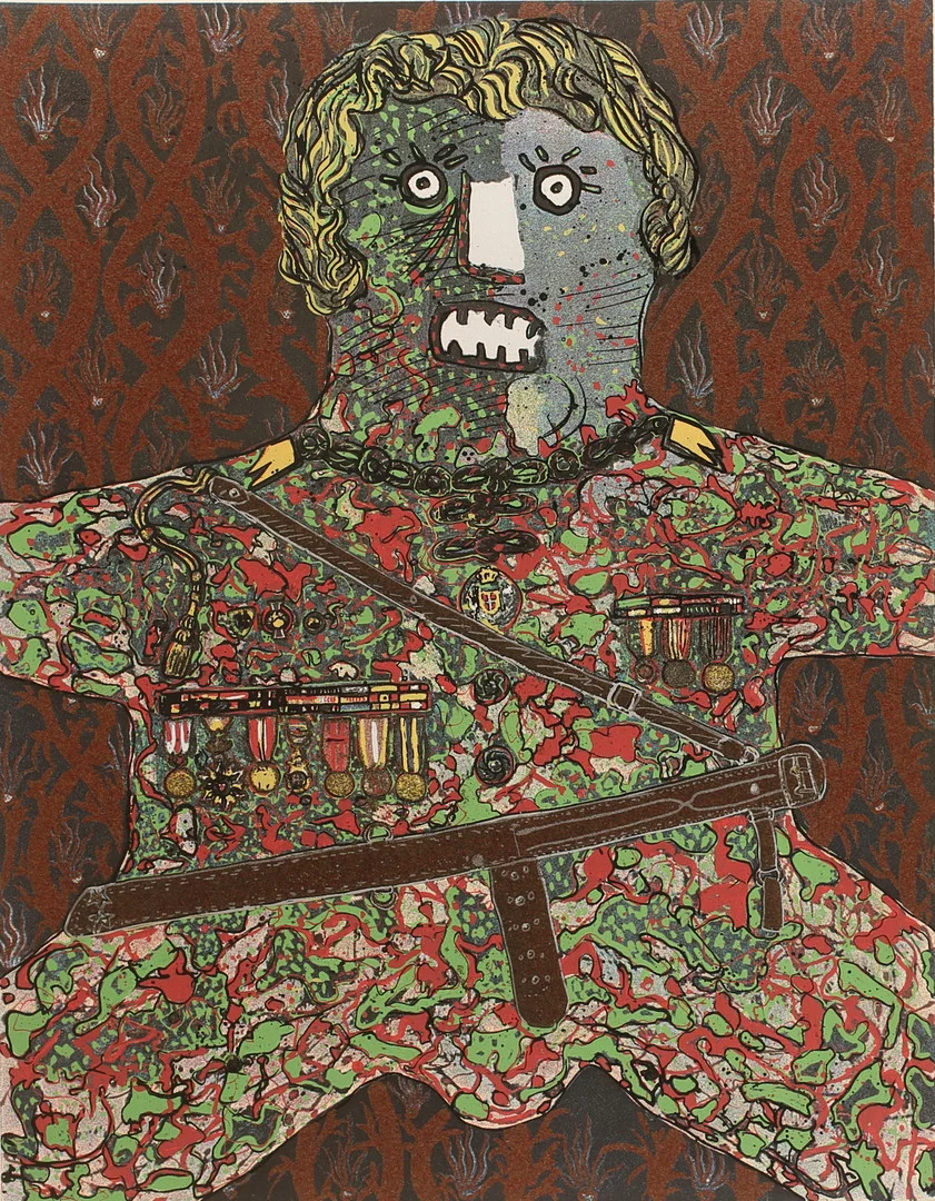 ENRICO BAJ. Blandteknik/collage, signerad och numrerad. — Engravings & Prints — RA Auktionsverket Norrköping