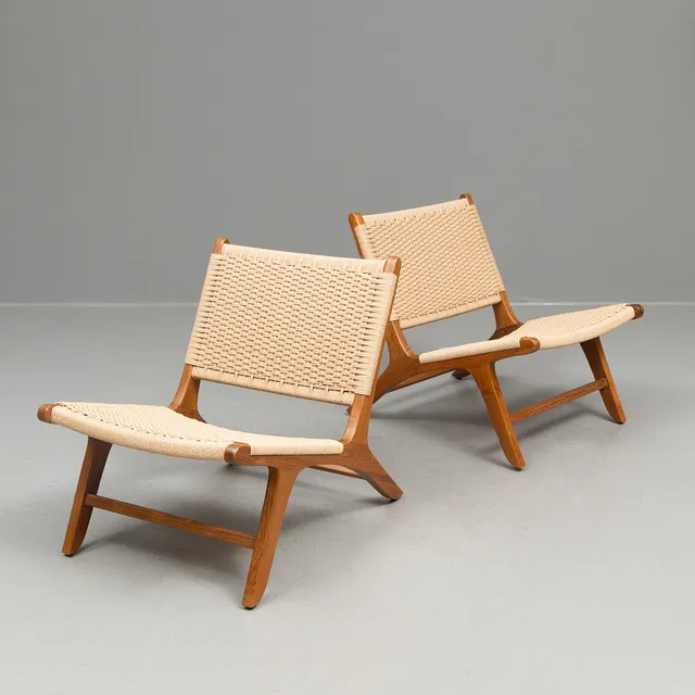 FÅTÖLJER, ett par, teak med repsits, retrostil, samtida.