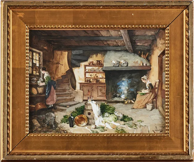 AUGUST JERNBERG. Köksinteriör med arbetande kvinnor.
