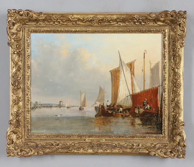ATTRIBUTED TO ALFRED STANNARD (1806-1889). FISHING BOATS MOORED ON AN ESTUARY, WITH FIGURES.