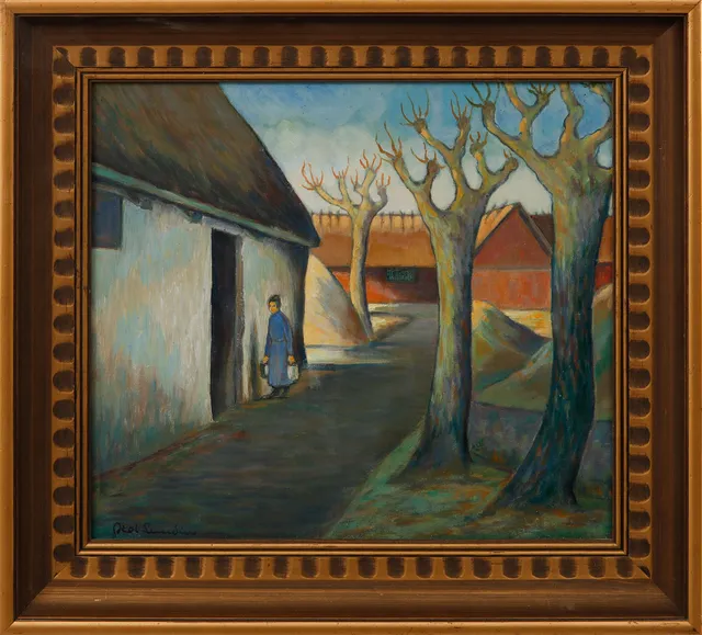 AXEL LUNDIN. Gård med figur, olja på duk, signerad.