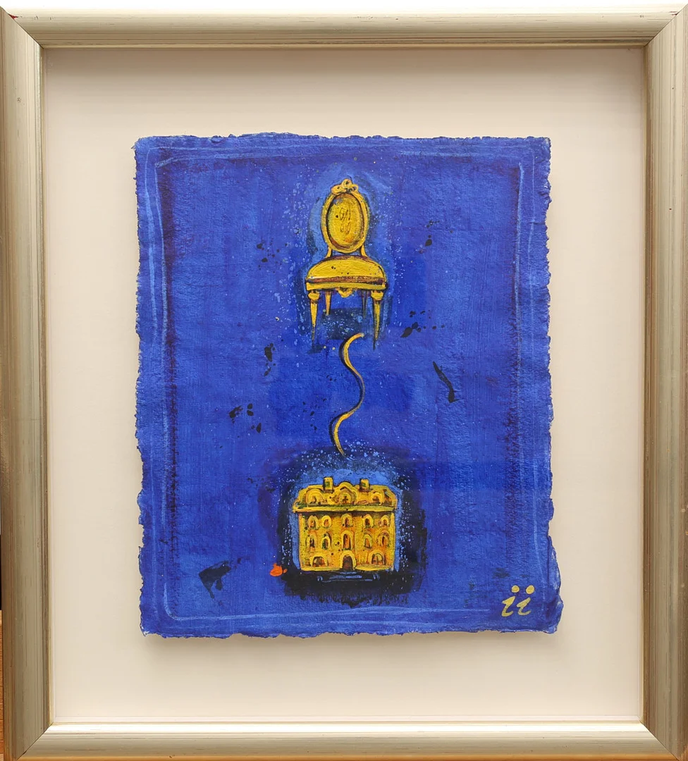 INGBRITT IRENE LAGERBERG. Gouache, komposition med stol och hus, signerad ii. — Paintings — Limhamns Auktionsbyrå