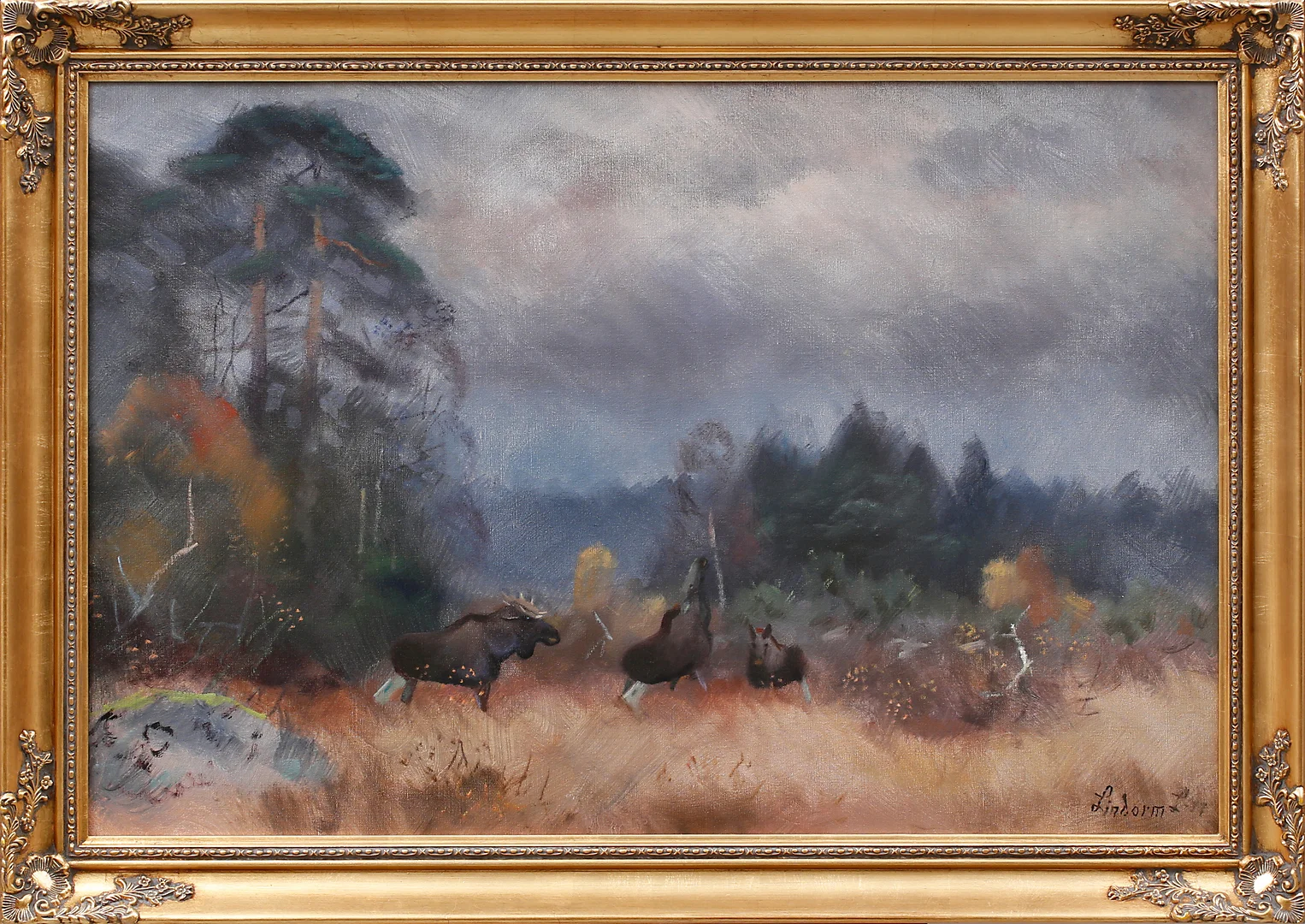 LINDORM LILJEFORS. Olja på duk, älgar på fältbete, signerad och daterad -77. — Paintings — Garpenhus Auktioner