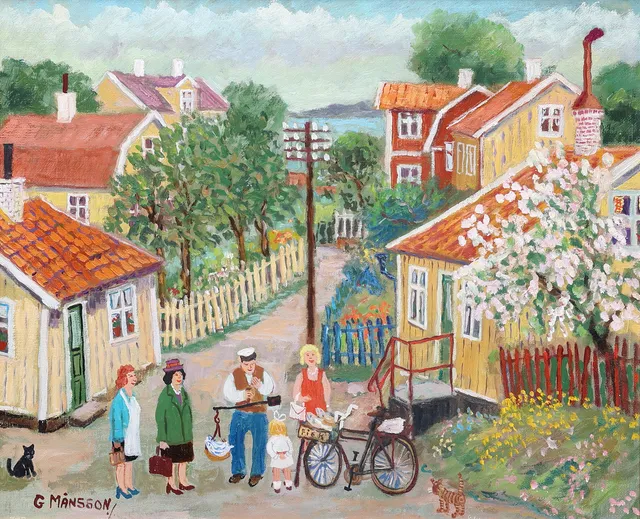 GÖSTA MÅNSSON.Olja på duk, "Fiskhandlaren", signerad.
