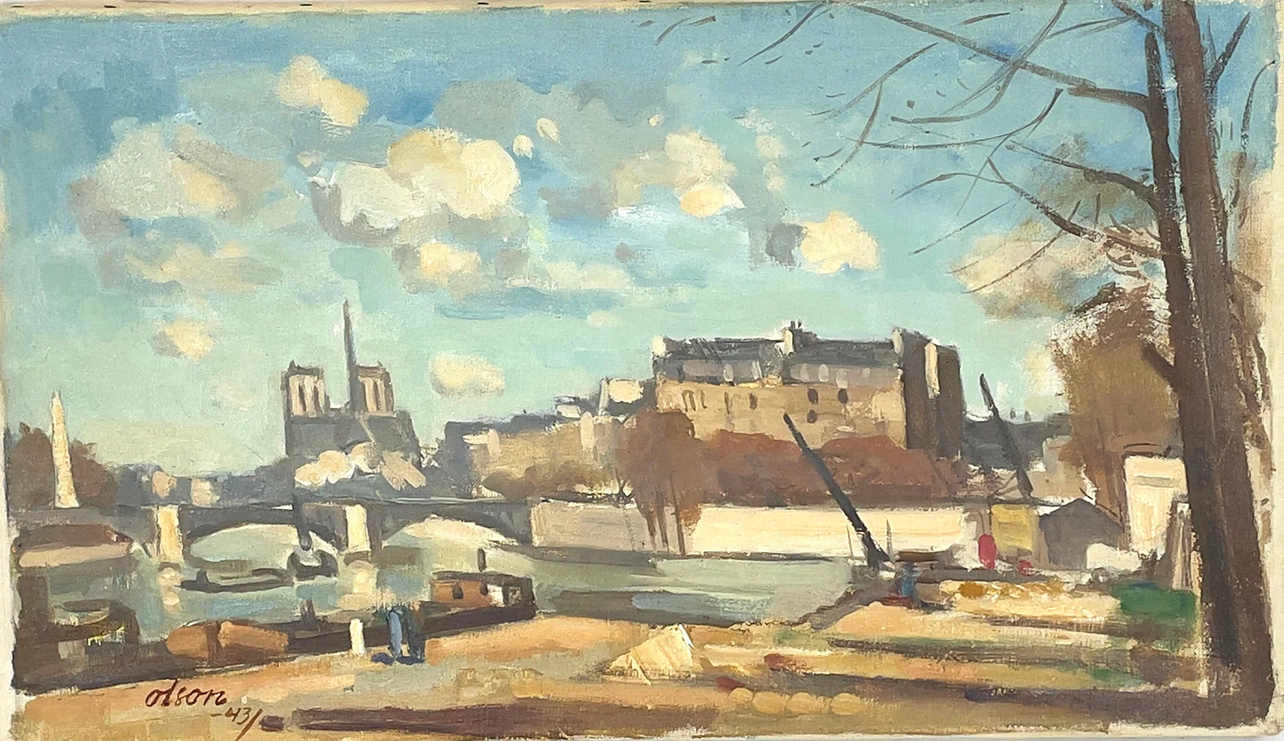 OVE OLSON. Olja på duk, "Quai Henri-IV, Paris", signerad Olson samt daterad -43. Även signerad a tergo. — Paintings — Roslagens Auktionsverk