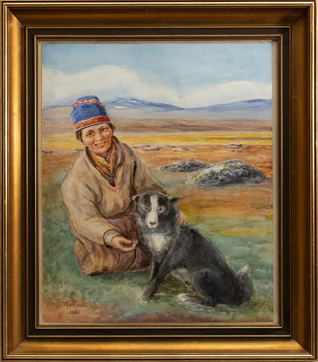 KARL TIRÉN. Sameflicka med Hund, akvarell, signerad och daterad, 1906.