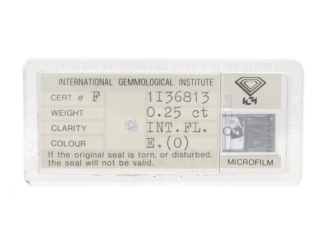 DIAMANT, briljantslipad, 0,25 ct, River(E)/IF, IGI cert F1I36813, förseglad. — Ädelstenar/Diamanter — Kaplans