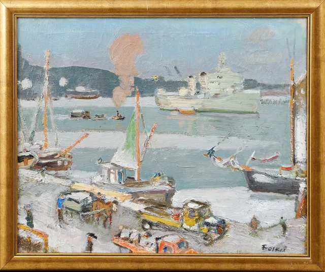 FOLKE PERSSON. Göteborgs hamn, olja på duk, signerad.