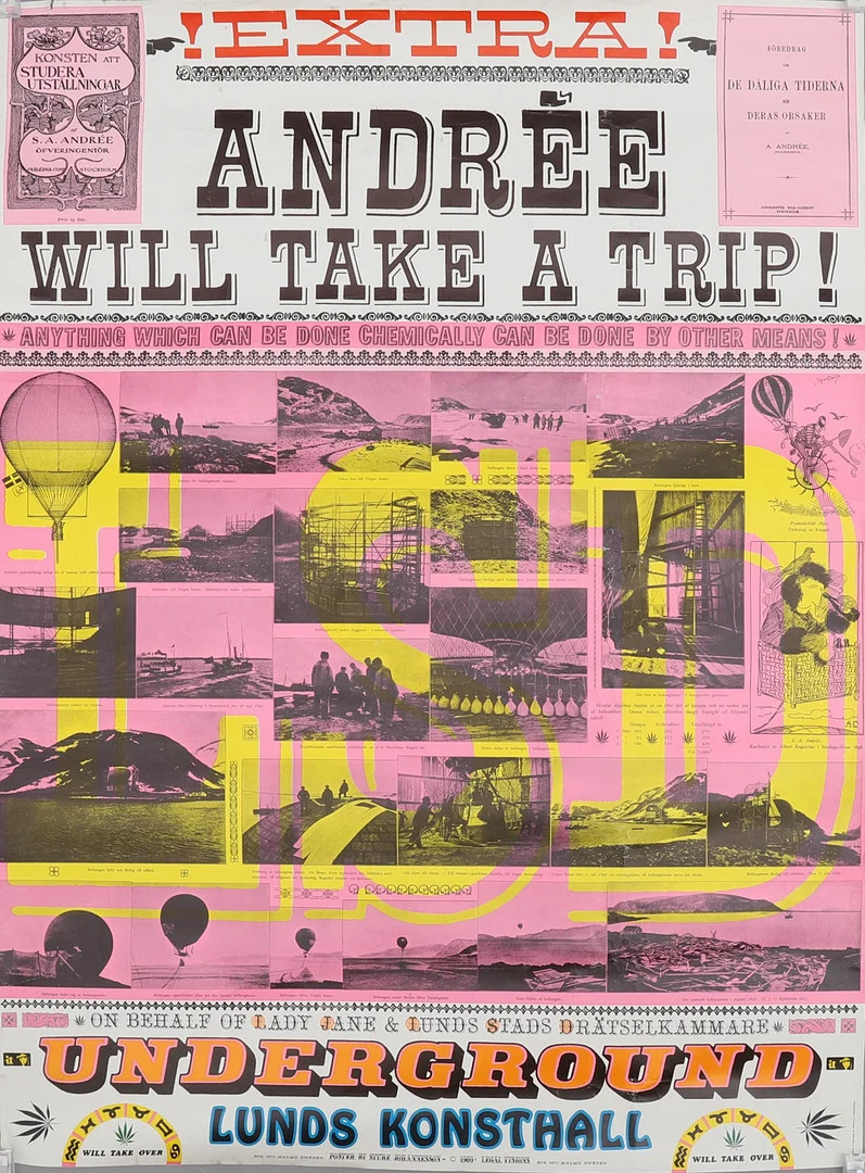 STURE JOHANNESSON. UTSTÄLLNINGSAFFISCH, "ANDRÉE WILL TAKE A TRIP". — Engravings & Prints — Crafoord Auktioner Lund