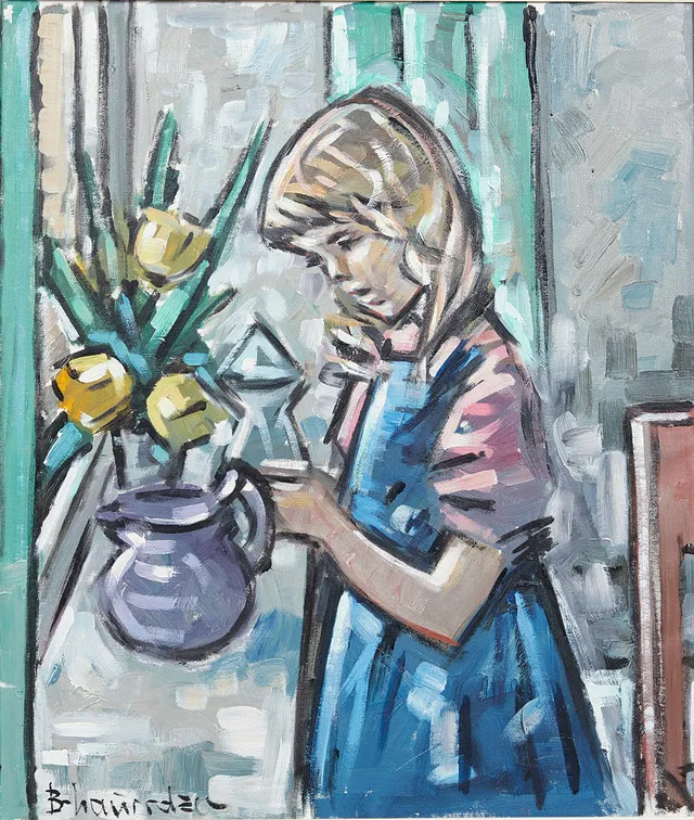 BENT LAURIDSEN (1926). Mädchen mit Blumen, Ölgemälde.