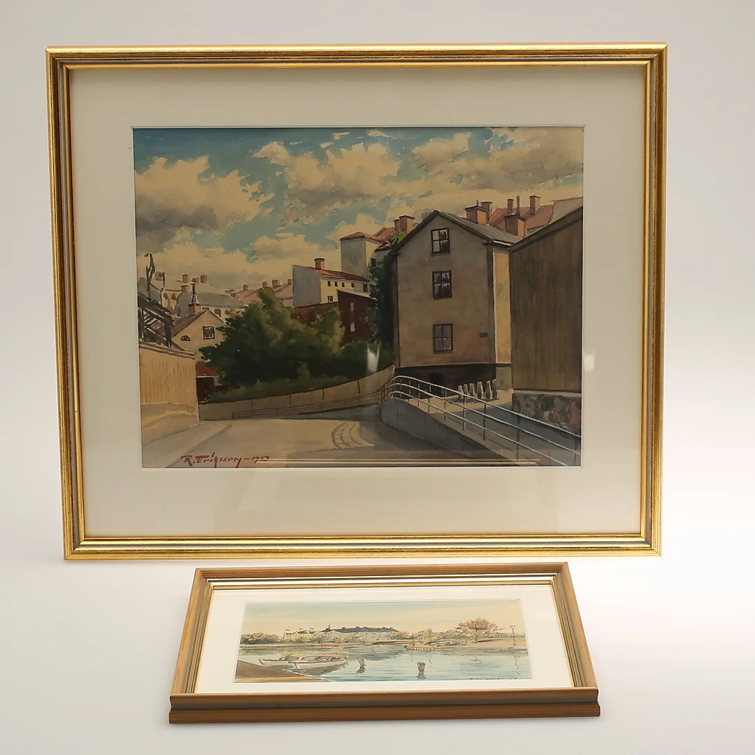 ROLF ERIKSSON. Akvareller, 2 stycken, "Norrköping", signerade. — Paintings — RA Auktionsverket Norrköping