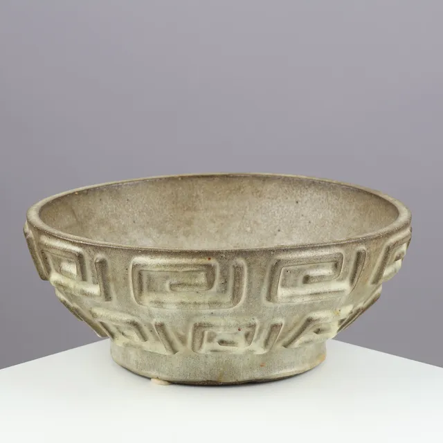 CHRISTIAN POULSEN (1911-91). Large stoneware bowl decorated with meander-inspired reliefs, made in own studio in Ørholm, Denmark, 1940s.