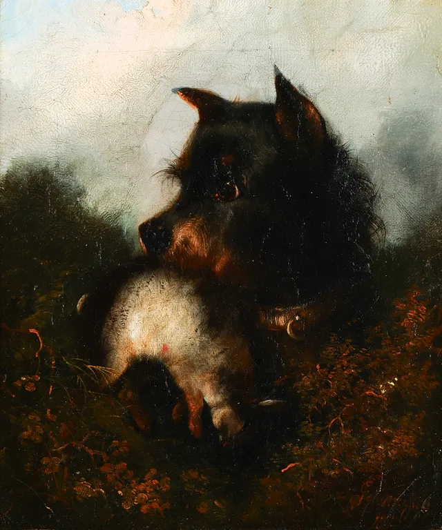 GEORGE ARMFIELD (1808-93). Jagthund med hare i munden, olie på lærred, signeret og dateret 1877.