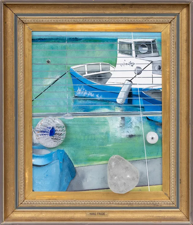 HANS FRODE. "Harbour Reflection", målning på planglas med gjutna applikationer av glas, upplysta genom bakomliggande neonrör. Signerad och daterad a tergo 2005.