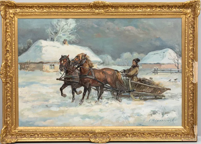 EDWARD PIERZYNSKI. Hästekipage i vinterlandskap, olja på duk, signerad.