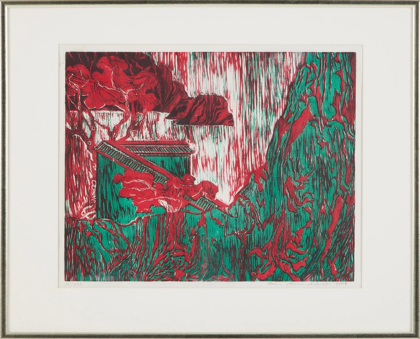 KARIN MAMMA ANDERSSON. Landskap i grönt och rött, träsnitt, signerad, numrerad 14/250. — Engravings & Prints — Stockholms Auktionsverk Magasin 5
