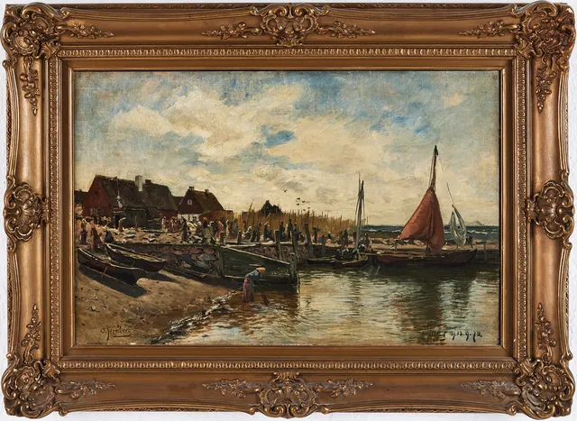 OLOF JERNBERG. Hamnbild från Mölle, olja på duk.