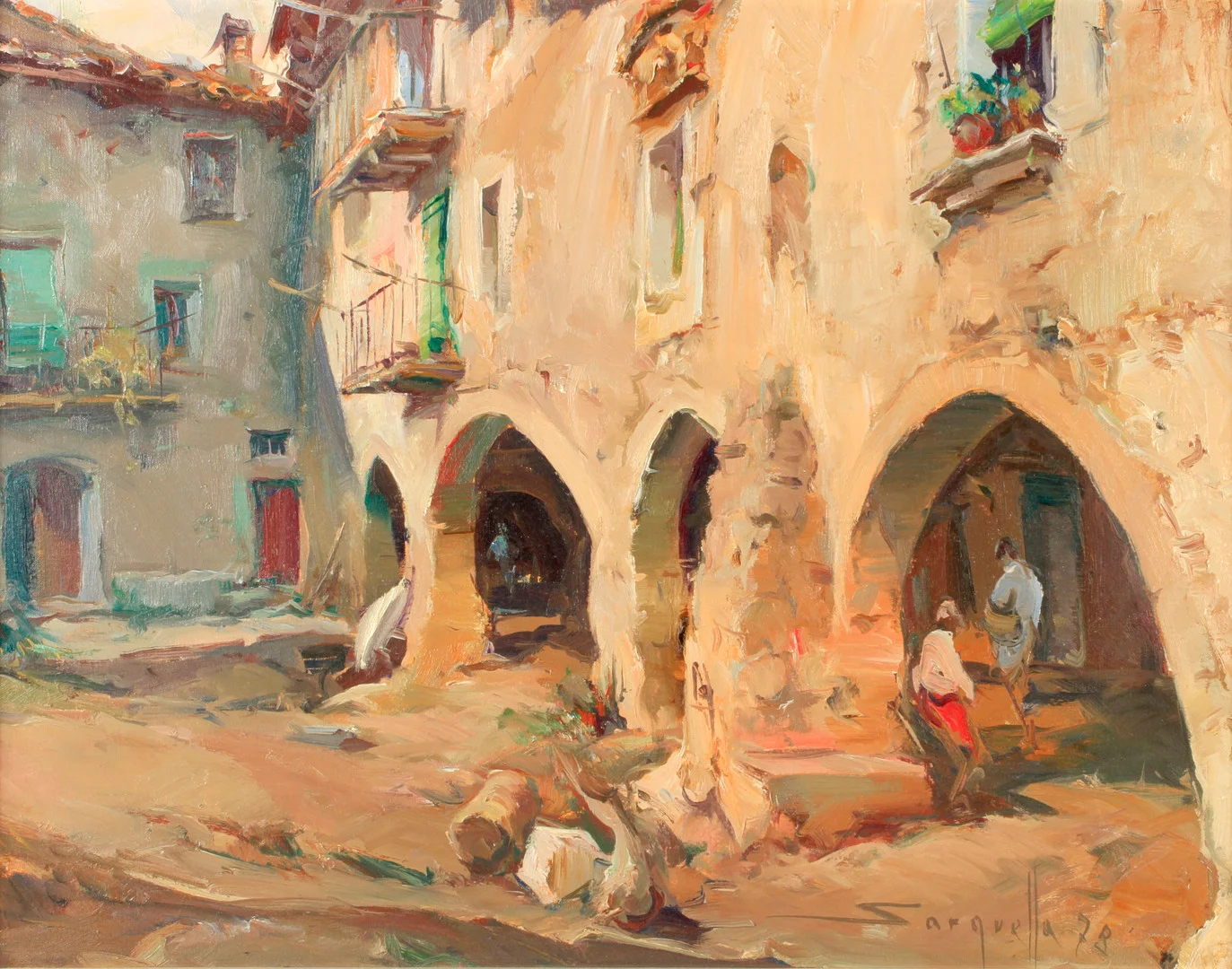 JOSEP SARQUELLA. PLAZA DE PUEBLO, óleo sobre lienzo. Firmado Sarquella 78. — Paintings — Barcelona Auctions