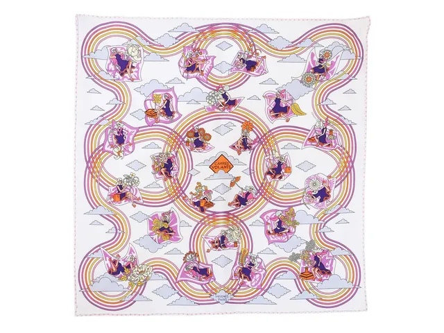 HERMÈS, SCARF, Carres Volants, Pierre Marie, 100% siden, 43x43 cm, multifärgad, vit, rosa, lila, orange, originalask. Very Good Condition.