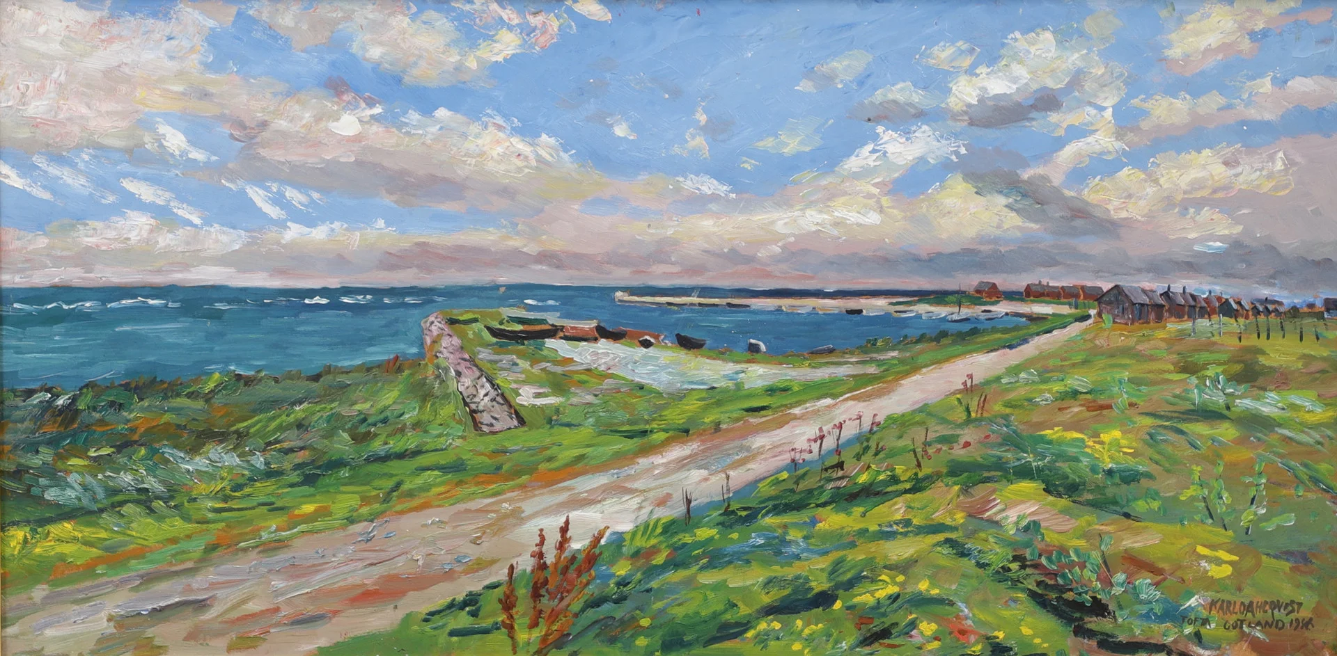 KARL DAHLQVIST. "Tofta, Gotland 1986", olja på pannå, signerad. — Paintings — Växjö Auktionskammare