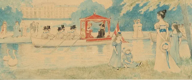 Sailing on the lake in Frederiksberg Park. Signed with monogram. Watercolour and pencil on paper. Mounted in passepartout. Visible size 11×26 cm.