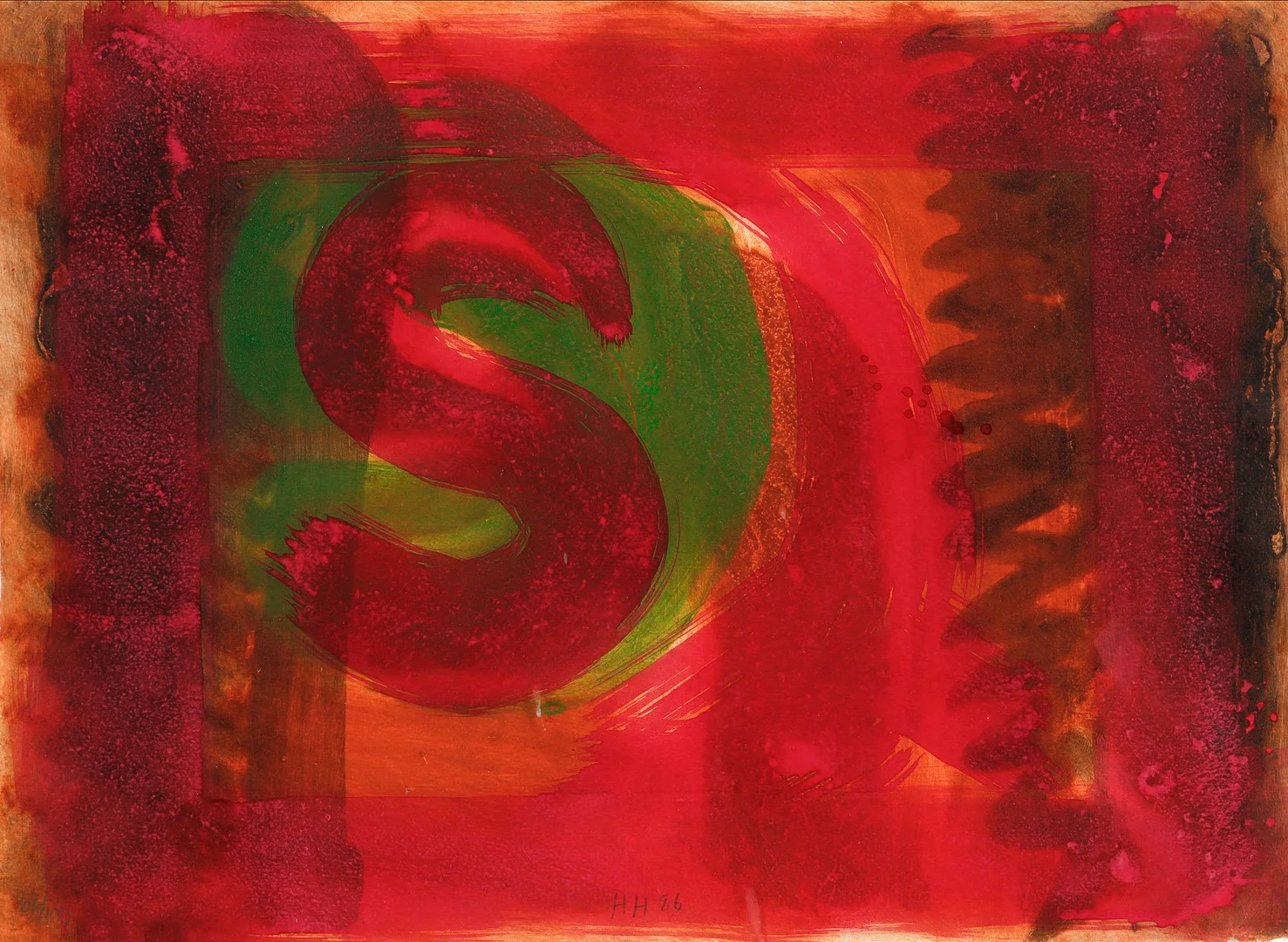 HOWARD HODGKIN. "Red Listening Ear", reliefprägling och karborundum med handkolorering. Utförd 1986. — Engravings & Prints — Göteborgs Auktionsverk