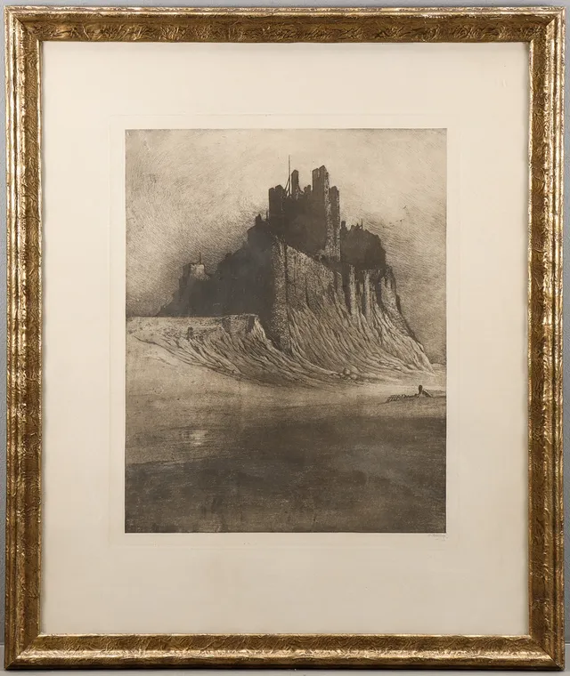 AXEL TALLBERG. Etsning, "Bamborough Castle, Northumberland", signerad.