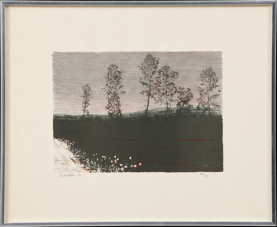 BO HULTÉN. Landskap med träd, färglitografi, signerad och numrerad 27/90. — Engravings & Prints — Göteborgs Auktionsverk