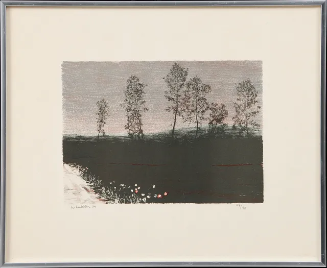 BO HULTÉN. Landskap med träd, färglitografi, signerad och numrerad 27/90.