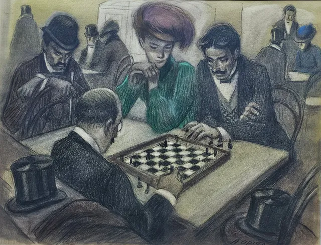 ALFREDO OPISSO. Pastel sobre papel. "Partida de ajedrez".