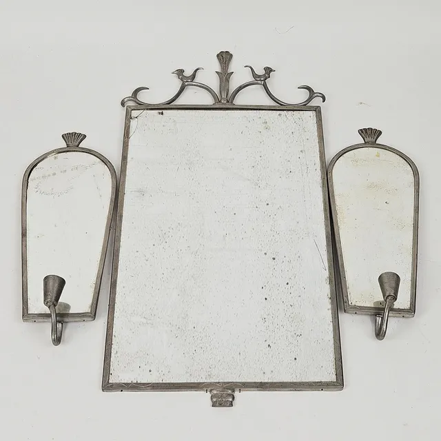 SPEGEL MED SPEGELLAMPETTER, 3 delar, tenn, Swedish grace, 1930-tal.