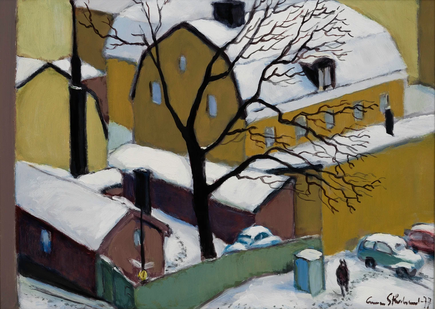 GUNNAR STÅLBRAND. "Svartstensgatan gamla söder", olja på pannå, signerad, daterad -77. — Paintings — Auktionshuset Kolonn