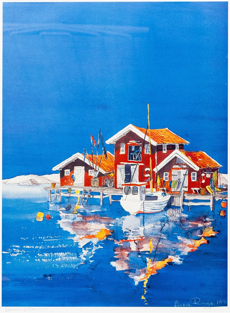 ARIANA RAMHAGE. Hamnbild, färglitografi, signerad, numrerad 222/756 och daterad 1990. — Engravings & Prints — Auktionshuset Kolonn
