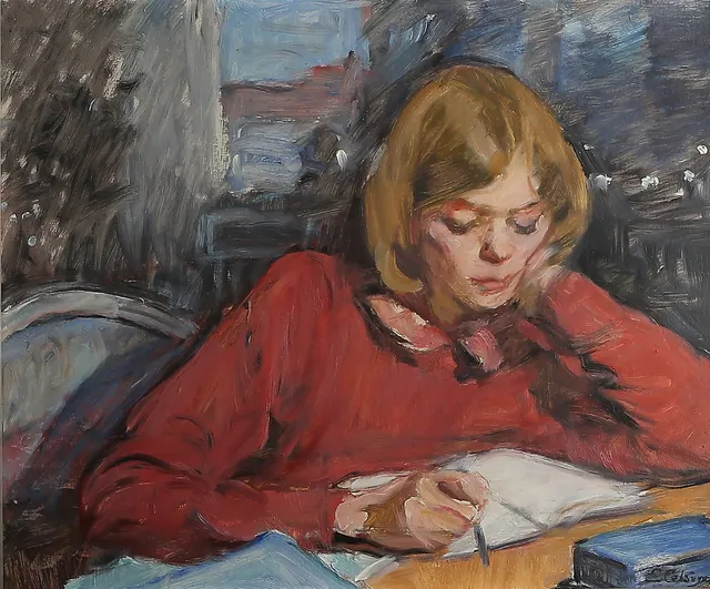 ELSA CELSING. Läsande flicka, olja på pannå, signerad.