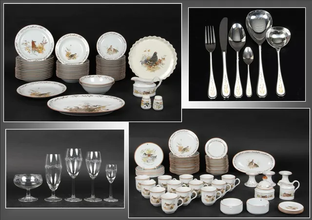 Mads Stage. 'Jagtstellet'. Kaffe- & middagservice med fade, skåle, glas samt bestik. (231)